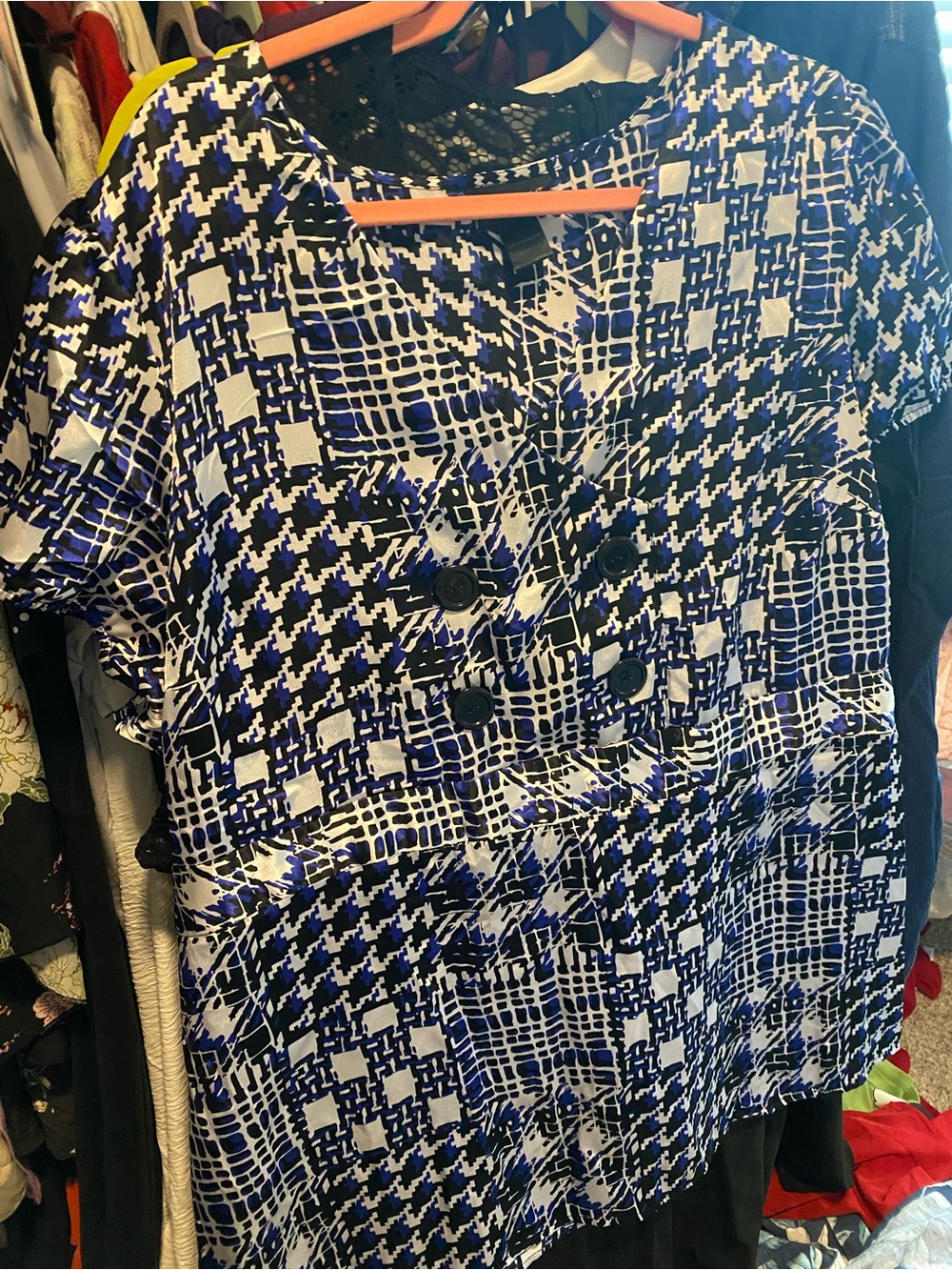 Vintage Lane Bryant Blue and White Printed Double Breasted Button Top
